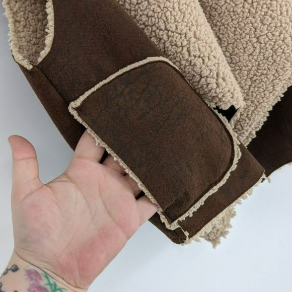 C&C California Faux Suede Sherpa Vest Small Coffee Brown Tan Boho Open Front New - Picture 5 of 13